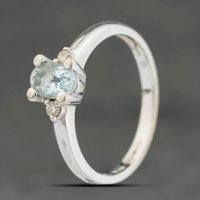 Second Hand 9ct White Gold Aquamarine & Brilliant Cut Diamond Oval Three Stone Ring 41383949