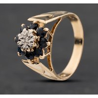 Second Hand 9ct Yellow Gold Sapphire & 0.01ct Diamond Engraved Shoulders Cluster Ring 41384062