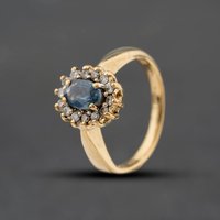 Second Hand 9ct Yellow Gold Blue Topaz & Brilliant Cut Diamond Oval Cluster Ring 41384121
