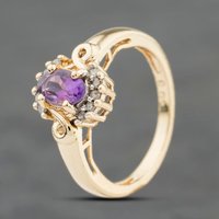 Second Hand 9ct Yellow Gold Amethyst & 0.05ct Diamond Oval Cluster Ring 41384124