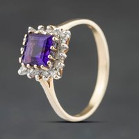 Second Hand 9ct Yellow Gold Amethyst & 0.24ct Diamond Square Cluster Ring 41384548