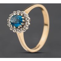Second Hand 9ct Yellow Gold Blue Topaz & 0.15ct Diamond Oval Cluster Ring 41384590