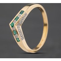 Second Hand 9ct Yellow Gold Emerald & 0.08ct Diamond Half Wishbone Ring 41384598