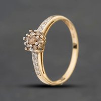 Second Hand 9ct Yellow Gold Diamond Shoulder Set Cluster Ring 41384797