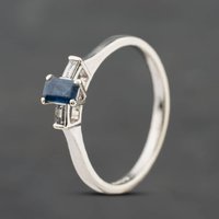 Second Hand 9ct White Gold Sapphire & 0.10ct Baguette Cut Diamond Three Stone Ring 41384898