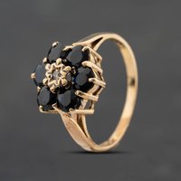 Second Hand Vintage 9ct Yellow Gold Sapphire & 0.02ct Diamond Flower Cluster Ring 41384902