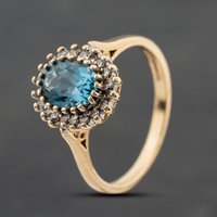 Second Hand 9ct Yellow Gold Blue Topaz & 0.20ct Diamond Oval Cluster Ring 41384903