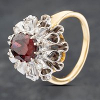 Second Hand Vintage 18ct Yellow Gold Garnet & Brilliant Cut Diamond Spray Design Cluster Ring 41481756