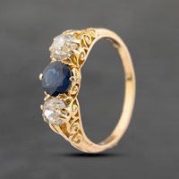 Second Hand Antique 18ct Yellow Gold Sapphire & 1.00ct Diamond Three Stone Ring 41482302