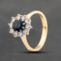 Second Hand 18ct Yellow Gold Sapphire & 0.50ct Brilliant Cut Diamond Oval Flower Cluster Ring 41482303