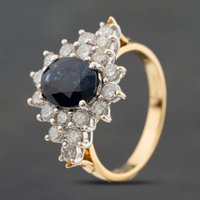 Second Hand 18ct Yellow Gold Sapphire & 1.00ct Brilliant Cut Diamond Boat Shaped Cluster Ring 41483031