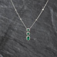 Second Hand 9ct White Gold Emerald & Brilliant Cut Diamond Graduated Triple Cluster Gemstone Pendant & 16 Inch Trace Chain 43141360