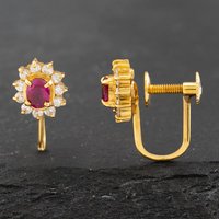 Second Hand 18ct Yellow Gold Certificated 0.43ct Ruby & 0.28ct Brilliant Cut Diamond Oval Cluster Screw Fitting 8mm Stud Earrings 43171187