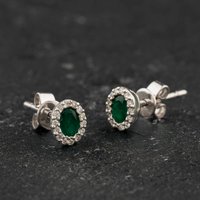 Second Hand 9ct White Gold 0.30ct Emerald & 0.09ct Brilliant Cut Diamond Oval 6mm Stud Earrings 43171505