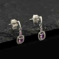 Second Hand 9ct White Gold 0.50ct Diamond & 0.06ct Pink Sapphire Square Cluster Dropper Earrings 43171508