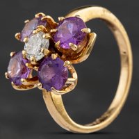 Second Hand 9ct Yellow Gold Amethyst & Diamond Flower Cluster Ring 4342014