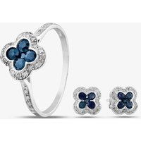 9ct White Gold Sapphire & Diamond Quatrefoil Shaped Jewellery Set