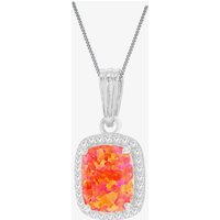 Silver Rectangle Synthetic Orange Opal and White Cubic Zirconia Halo Necklace 8.68.7108