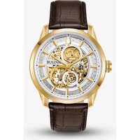 Bulova Mens Sutton Gold Plated White Skeleton Dial Brown Leather Strap Watch 97A138