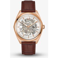Bulova Classic Rose Gold Tone Skeleton Brown Leather Strap Watch 97A175