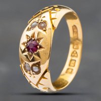 Pre-Owned 18ct Yellow Gold Ruby and Seed Pearl Five Stone Ring 41101415