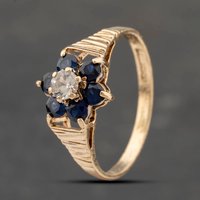 Pre-Owned 9ct Yellow Gold Spinel and Synthetic Sapphire Flower Cluster Ring 41103471