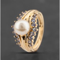 Pre-Owned 9ct Yellow Gold Cultured Pearl and Tanzanite Dress Ring 41103486