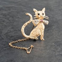 Pre-Owned 9ct Yellow Gold Ruby and Diamond Cat Brooch 41131127
