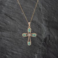 Pre-Owned 9ct Yellow Gold Emerald and White Topaz Cross Pendant and 18 Inch Curb Chain 41142667