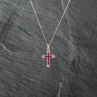 Pre-Owned 9ct Yellow Gold Ruby and Diamond Cross Pendant and 18 Inch Curb Chain 41142903