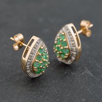 Pre-Owned 9ct Yellow Gold Emerald and Diamond Teardrop 14mm Stud Earrings 41172394