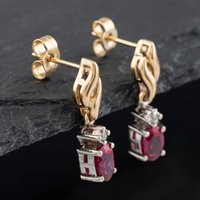 Pre-Owned 9ct Yellow Gold Diamond and Synthetic Ruby Dropper Earrings 41172720