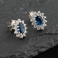 Pre-Owned White Gold Blue Glass and Cubic Zirconia Oval Flower Cluster 11mm Stud Earrings 41173149