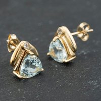 Pre-Owned 9ct Yellow Gold Aquamarine and White Sapphire Triangle Stud Earrings 41173612