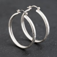 Pre-Owned 9ct White Gold 34mm Frosted Hoop Earrings 41173648