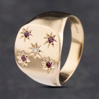 Pre-Owned 9ct Yellow Gold Ruby and Diamond Square Signet Ring 41341858