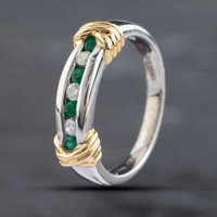 Pre-Owned 14ct Two Colour Gold Brilliant Cut Emerald and Diamond Half Eternity Ring 41381322