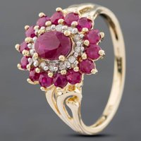Pre-Owned 9ct Yellow Gold Ruby and Diamond Oval Three Tier Cluster Ring 41381832