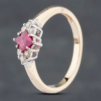 Pre-Owned 9ct Yellow Gold Synthetic Ruby and Brilliant Cut Diamond Dress Ring 41382287