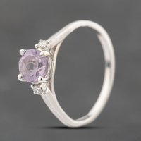 Pre-Owned 9ct White Gold Amethyst and Diamond Three Stone Ring 41382677