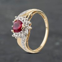 Pre-Owned 9ct Yellow Gold Synthetic Ruby and Diamond Heart Cluster Ring 41382845