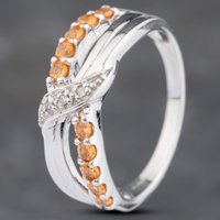 Pre-Owned 9ct White Gold Orange Garnets and Diamond Crossover Ring 41383085