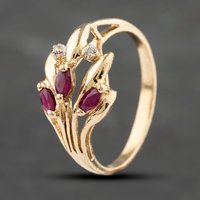 Pre-Owned 9ct Yellow Gold Ruby and 0.03ct Diamond Leaf Design Dress Ring 41383142