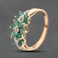 Pre-Owned 9ct Yellow Gold Emerald and Diamond Triple Cluster Ring 41383145