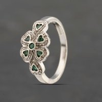 Pre-Owned 9ct White Gold Emerald and 0.14ct Diamond Four Leaf Clover Cluster Ring 41383278