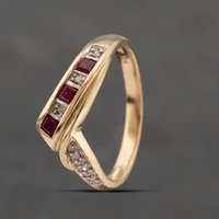 Pre-Owned 9ct Yellow Gold Ruby and Diamond Half Wishbone Ring 41383287