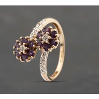 Pre-Owned 9ct Yellow Gold Amethyst and 0.01ct Diamond Double Cross Over Cluster Ring 41383291