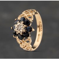Pre-Owned 9ct Yellow Gold Sapphire and Diamond Flower Cluster Ring 41383298