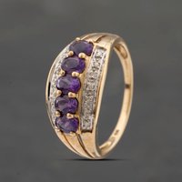 Pre-Owned 9ct Yellow Gold Amethyst and Diamond Three Row Ring 41383402