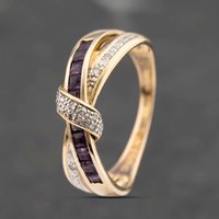 Pre-Owned 9ct Yellow Gold Amethyst and Diamond Crossover Ring 41383476